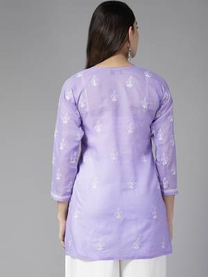 Hand Embroidered Mauve Cotton Lucknowi Chikankari Indian Women Straight Short Kurti 2