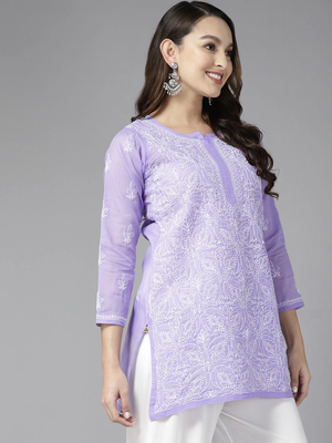Hand Embroidered Mauve Cotton Lucknowi Chikankari Indian Women Straight Short Kurti 3