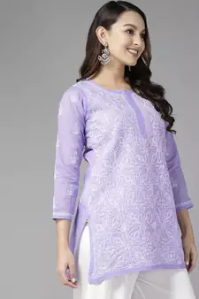 Hand Embroidered Mauve Cotton Lucknowi Chikankari Indian Women Straight Short Kurti