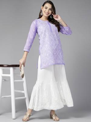 Hand Embroidered Mauve Cotton Lucknowi Chikankari Indian Women Straight Short Kurti 4