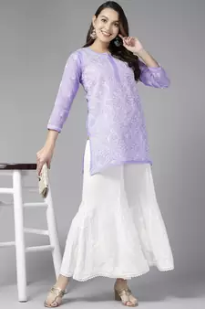 Hand Embroidered Mauve Cotton Lucknowi Chikankari Indian Women Straight Short Kurti