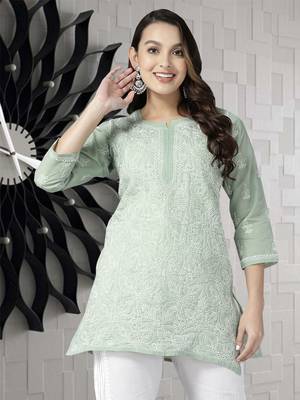 Hand Embroidered Pista Green Cotton Lucknowi Chikankari Indian Women Straight Short Kurti 1