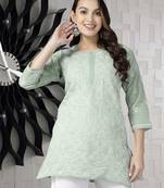 Hand Embroidered Pista Green Cotton Lucknowi Chikankari Indian Women Straight Short Kurti
