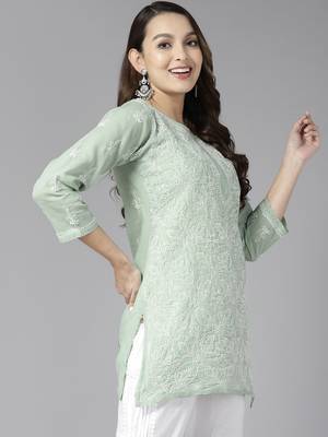 Hand Embroidered Pista Green Cotton Lucknowi Chikankari Indian Women Straight Short Kurti 2