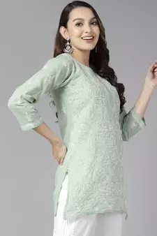 Hand Embroidered Pista Green Cotton Lucknowi Chikankari Indian Women Straight Short Kurti