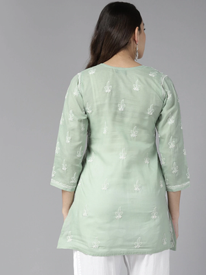 Hand Embroidered Pista Green Cotton Lucknowi Chikankari Indian Women Straight Short Kurti 3