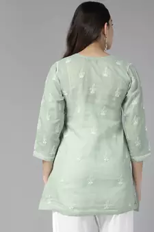 Hand Embroidered Pista Green Cotton Lucknowi Chikankari Indian Women Straight Short Kurti