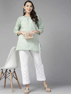 Hand Embroidered Pista Green Cotton Lucknowi Chikankari Indian Women Straight Short Kurti 4