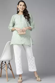 Hand Embroidered Pista Green Cotton Lucknowi Chikankari Indian Women Straight Short Kurti