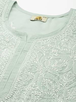Hand Embroidered Pista Green Cotton Lucknowi Chikankari Indian Women Straight Short Kurti 5