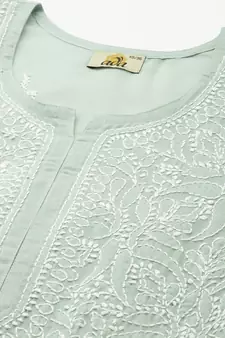 Hand Embroidered Pista Green Cotton Lucknowi Chikankari Indian Women Straight Short Kurti