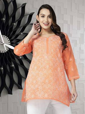 Hand Embroidered Peach Cotton Lucknowi Chikankari Indian Women Straight Short Kurti 1