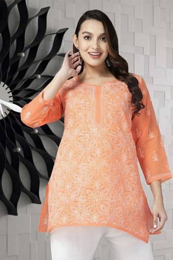 Hand Embroidered Peach Cotton Lucknowi Chikankari Indian Women Straight Short Kurti