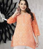 Hand Embroidered Peach Cotton Lucknowi Chikankari Indian Women Straight Short Kurti