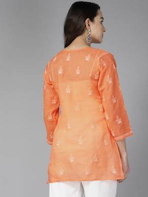 Hand Embroidered Peach Cotton Lucknowi Chikankari Indian Women Straight Short Kurti 2