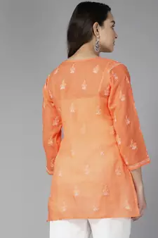 Hand Embroidered Peach Cotton Lucknowi Chikankari Indian Women Straight Short Kurti