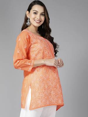 Hand Embroidered Peach Cotton Lucknowi Chikankari Indian Women Straight Short Kurti 3