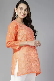 Hand Embroidered Peach Cotton Lucknowi Chikankari Indian Women Straight Short Kurti