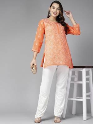 Hand Embroidered Peach Cotton Lucknowi Chikankari Indian Women Straight Short Kurti 4