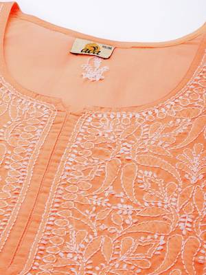 Hand Embroidered Peach Cotton Lucknowi Chikankari Indian Women Straight Short Kurti 5