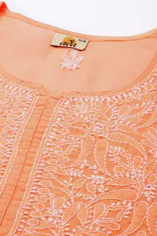 Hand Embroidered Peach Cotton Lucknowi Chikankari Indian Women Straight Short Kurti