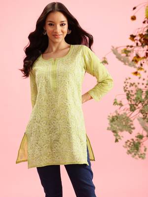 Hand Embroidered Green Cotton Lucknowi Chikankari Indian Women Straight Short Kurti 1