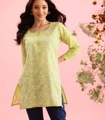 Hand Embroidered Green Cotton Lucknowi Chikankari Indian Women Straight Short Kurti