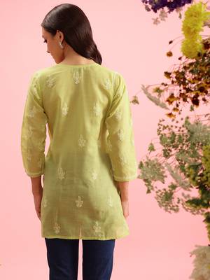 Hand Embroidered Green Cotton Lucknowi Chikankari Indian Women Straight Short Kurti 2