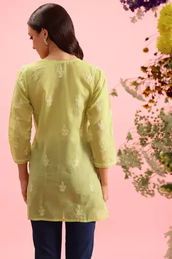 Hand Embroidered Green Cotton Lucknowi Chikankari Indian Women Straight Short Kurti