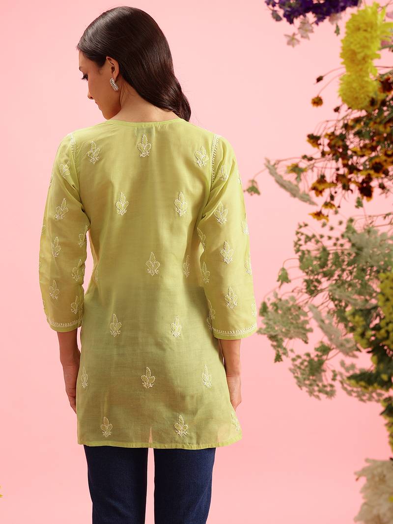 Hand Embroidered Green Cotton Lucknowi Chikankari Indian Women Straight Short Kurti