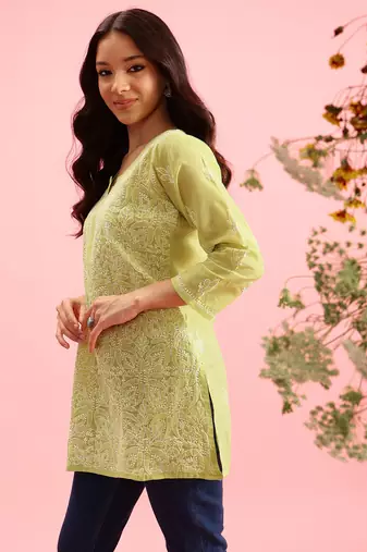 Hand Embroidered Green Cotton Lucknowi Chikankari Indian Women Straight Short Kurti