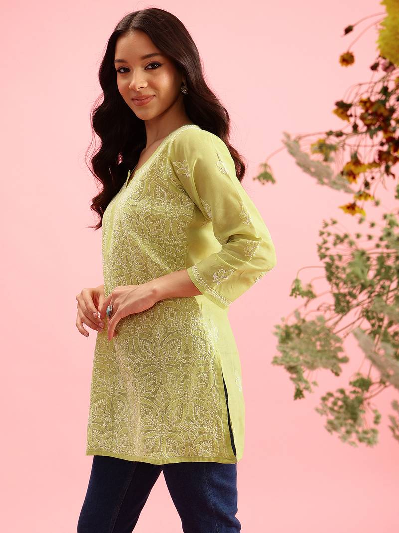 Hand Embroidered Green Cotton Lucknowi Chikankari Indian Women Straight Short Kurti