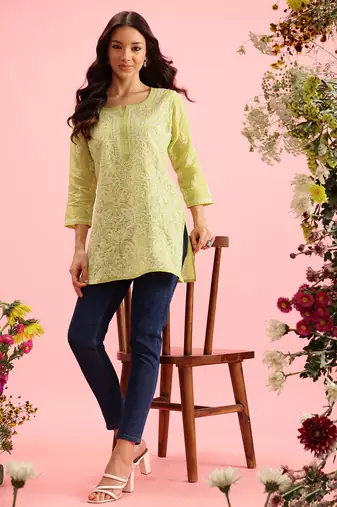 Hand Embroidered Green Cotton Lucknowi Chikankari Indian Women Straight Short Kurti