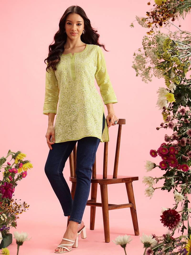 Hand Embroidered Green Cotton Lucknowi Chikankari Indian Women Straight Short Kurti