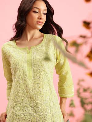 Hand Embroidered Green Cotton Lucknowi Chikankari Indian Women Straight Short Kurti 5