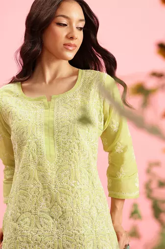 Hand Embroidered Green Cotton Lucknowi Chikankari Indian Women Straight Short Kurti