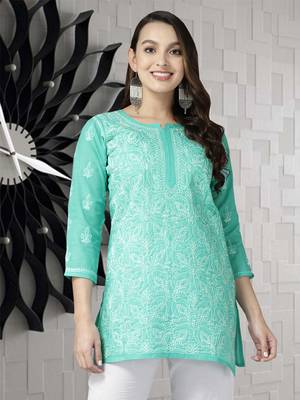 Hand Embroidered Sea Green Cotton Lucknowi Chikankari Indian Women Straight Short Kurti 1