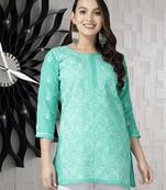 Hand Embroidered Sea Green Cotton Lucknowi Chikankari Indian Women Straight Short Kurti