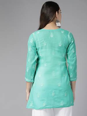 Hand Embroidered Sea Green Cotton Lucknowi Chikankari Indian Women Straight Short Kurti 2