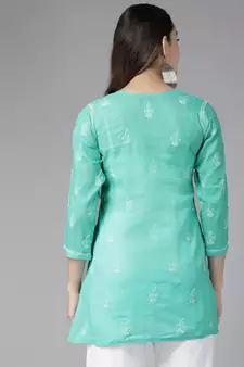 Hand Embroidered Sea Green Cotton Lucknowi Chikankari Indian Women Straight Short Kurti