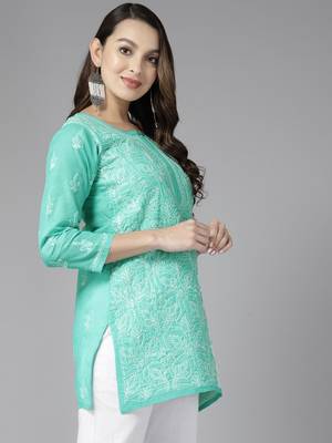Hand Embroidered Sea Green Cotton Lucknowi Chikankari Indian Women Straight Short Kurti 3