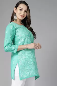 Hand Embroidered Sea Green Cotton Lucknowi Chikankari Indian Women Straight Short Kurti