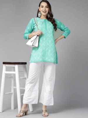 Hand Embroidered Sea Green Cotton Lucknowi Chikankari Indian Women Straight Short Kurti 4