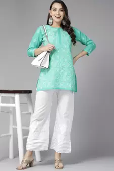 Hand Embroidered Sea Green Cotton Lucknowi Chikankari Indian Women Straight Short Kurti
