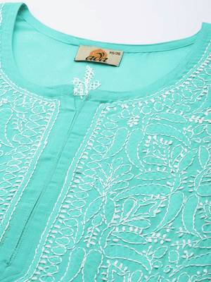 Hand Embroidered Sea Green Cotton Lucknowi Chikankari Indian Women Straight Short Kurti 5