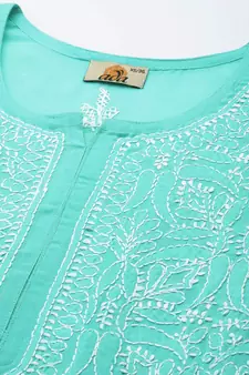 Hand Embroidered Sea Green Cotton Lucknowi Chikankari Indian Women Straight Short Kurti