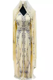 Biege Zari Stone Work Georgette Islamic Style Beads Embedded Partywear Kaftan Long Gown Evening wear Dubai kaftan