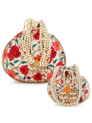 Dangle Mother Daughter Floral Embroidered Faux Silk Potlis Combo (Pack of 2) 1