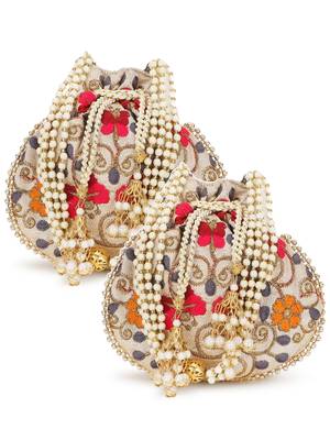 Dangle Cream & Multi Floral Embroidered Faux Silk Potlis Combo (Pack of 2) 1