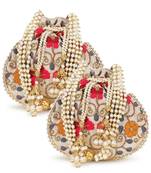 Dangle Cream & Multi Floral Embroidered Faux Silk Potlis Combo (Pack of 2)